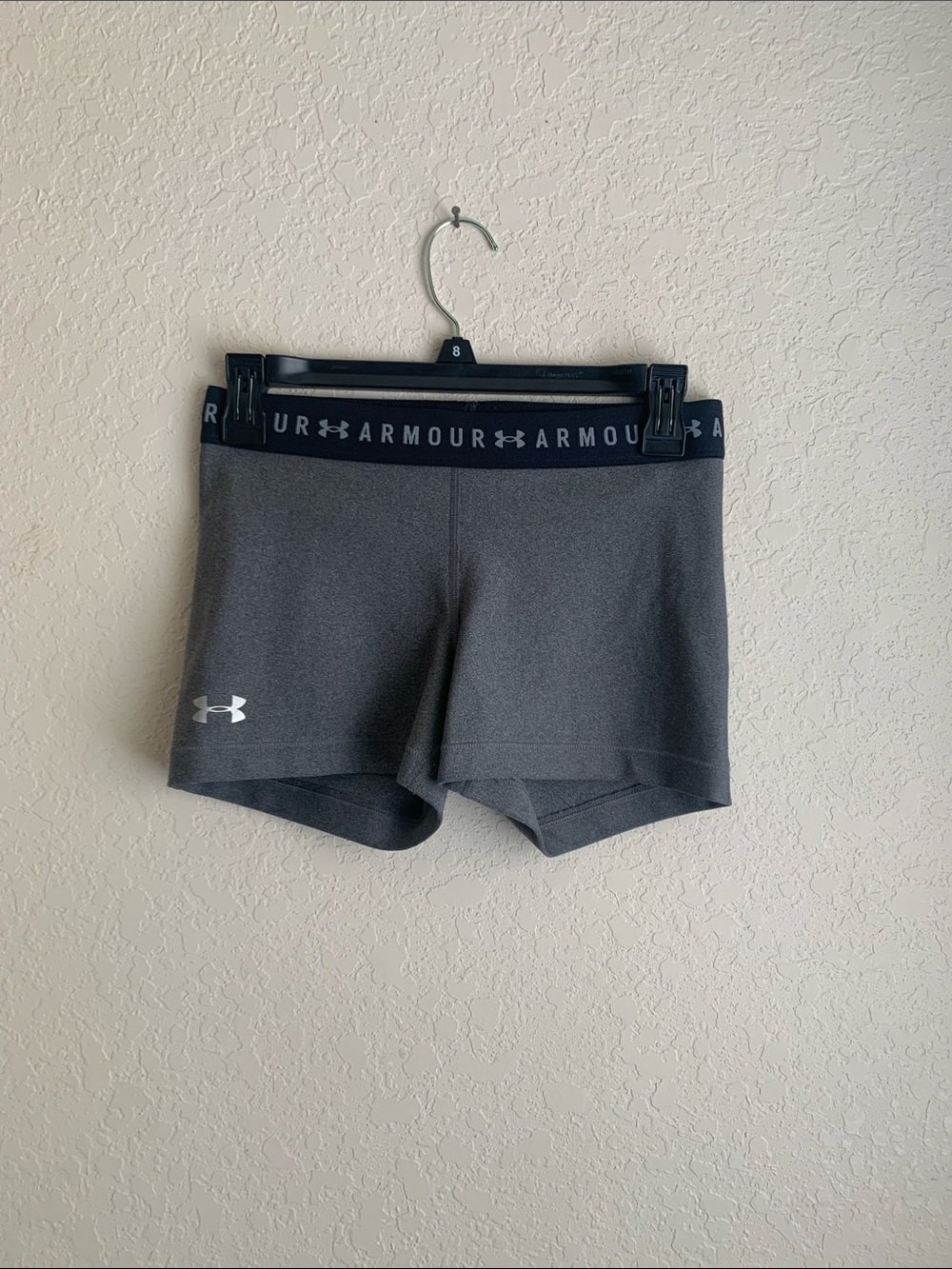 Under Armour Dark Gray Athletic Compression Shorts with Black Logo Waistband